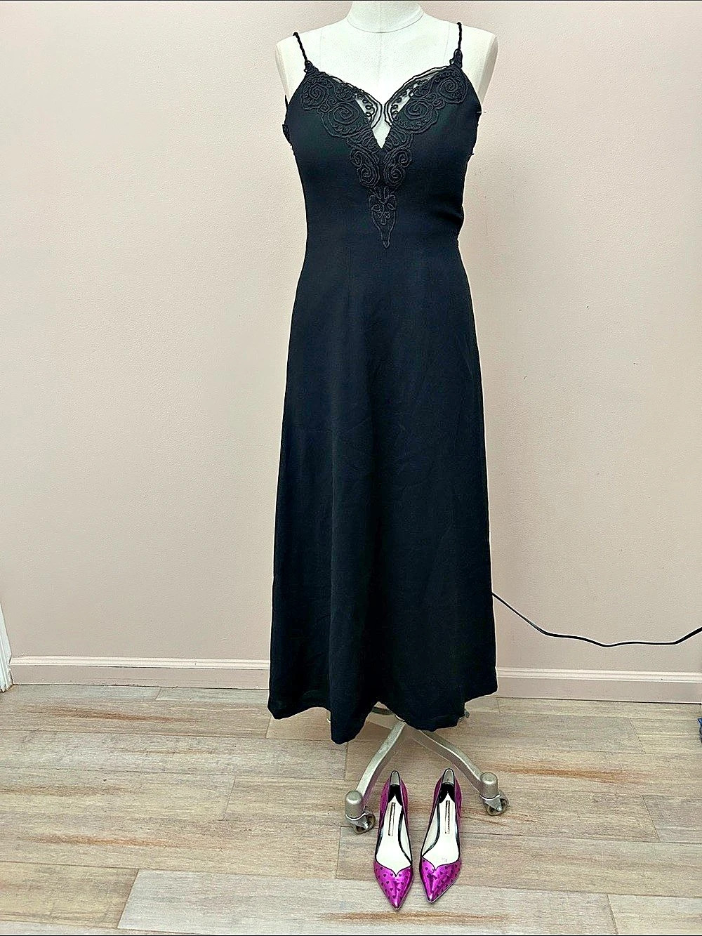 VTG Rex Lester Black Lace Trim Maxi Dress Size 2 elegant minimalist